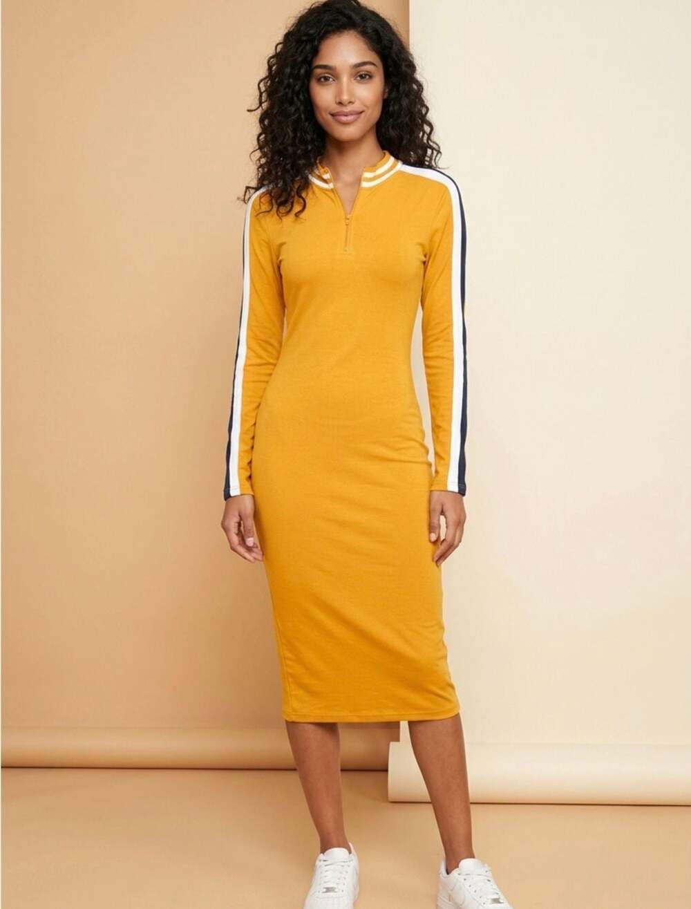 Heart & Hips Mustard Mock Neck Quarter-Zip Long Sleeve Bodycon Dress